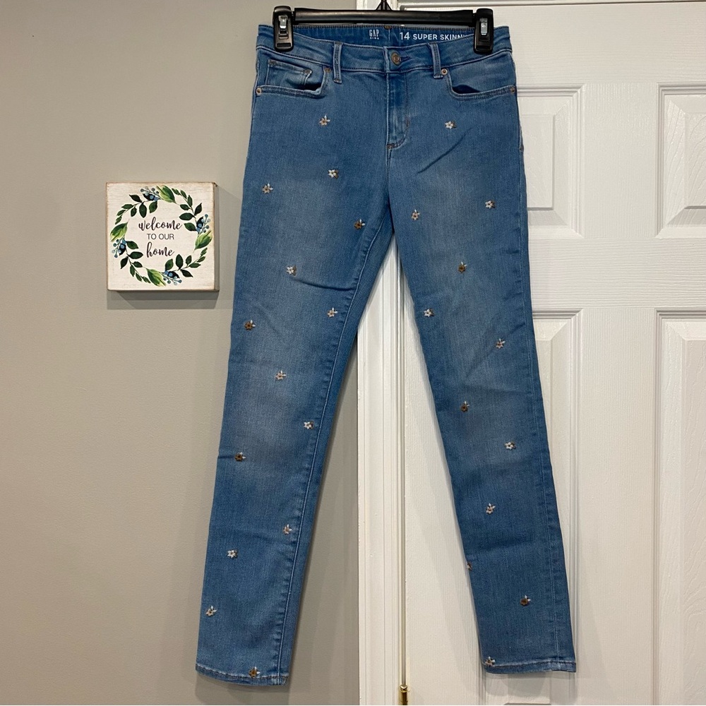 Gap Kids Girls Super Skinny Jeans Light Wash Size 14 Stretch Floral Embroidered